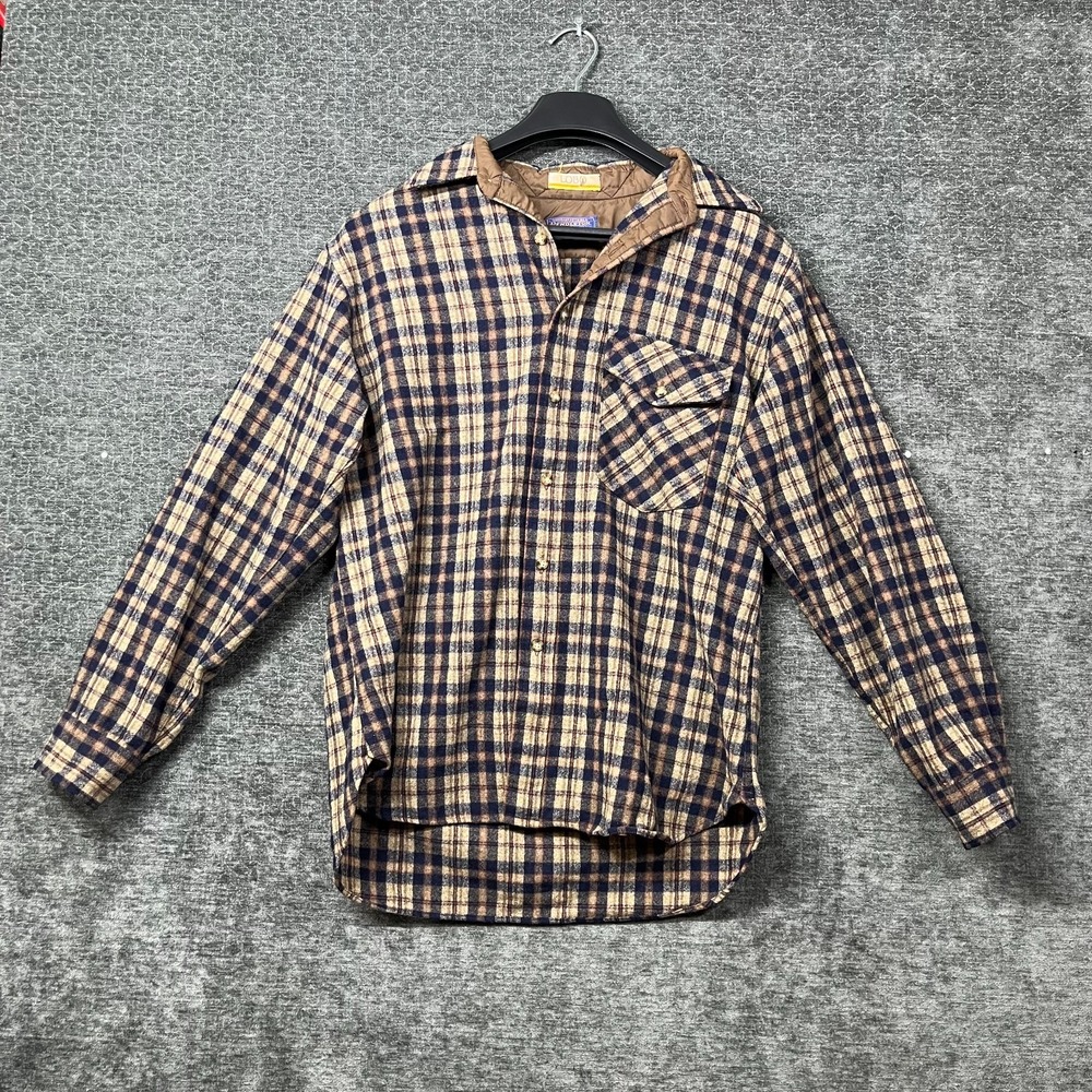Vintage Pendleton Lobo Wool Shirt Mens Navy Tan Plaid Elbow Patches USA Made - L